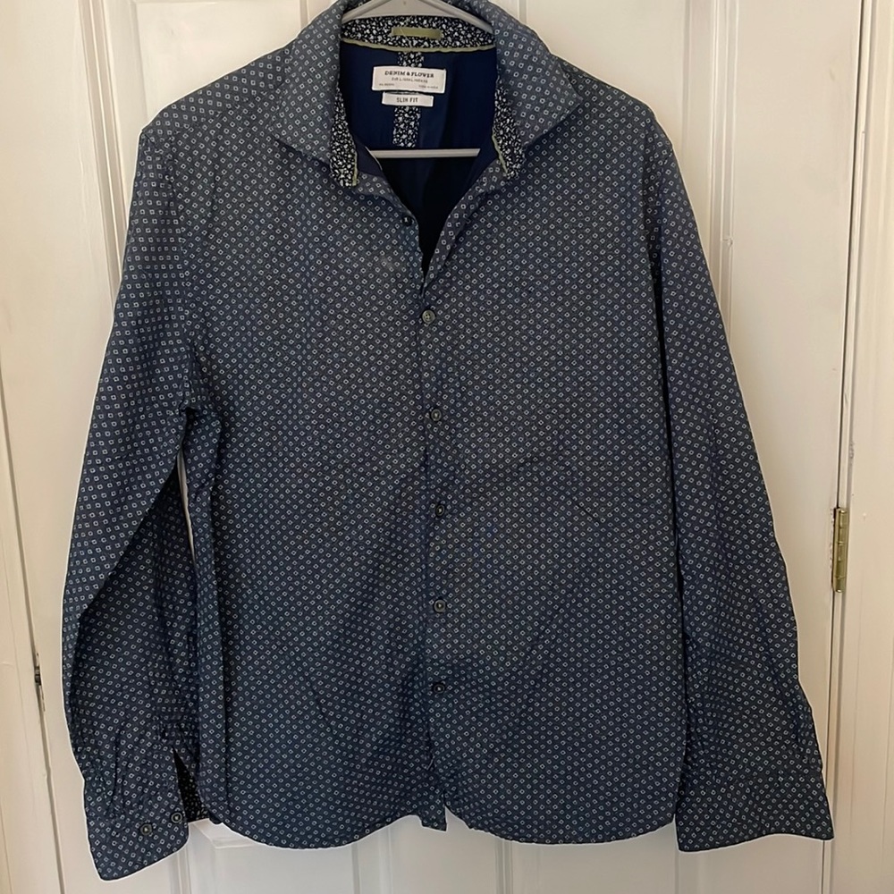 Mens denim and flower long sleeve button up